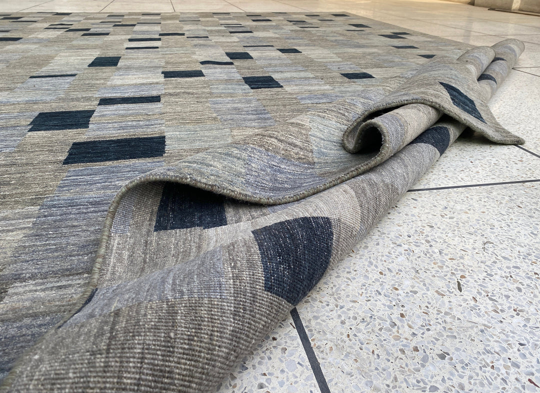 Afghan rugs. Turkish oushak rugs. Interior design rugs. Oriental area rugs. Traditional rugs. Modern rugs. 10X13 BLUE GREY MODERN CHECKERED BOX HAND KNOTTED RUG