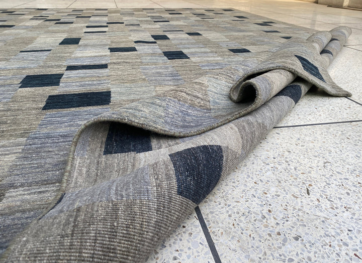 Afghan rugs. Turkish oushak rugs. Interior design rugs. Oriental area rugs. Traditional rugs. Modern rugs. 10X13 BLUE GREY MODERN CHECKERED BOX HAND KNOTTED RUG