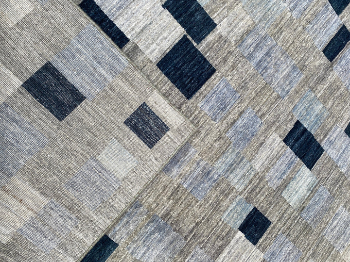 Afghan rugs. Turkish oushak rugs. Interior design rugs. Oriental area rugs. Traditional rugs. Modern rugs. 10X13 BLUE GREY MODERN CHECKERED BOX HAND KNOTTED RUG