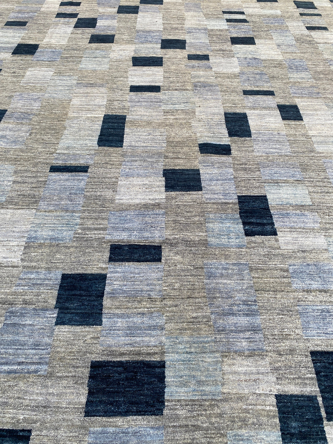 Afghan rugs. Turkish oushak rugs. Interior design rugs. Oriental area rugs. Traditional rugs. Modern rugs. 10X13 BLUE GREY MODERN CHECKERED BOX HAND KNOTTED RUG