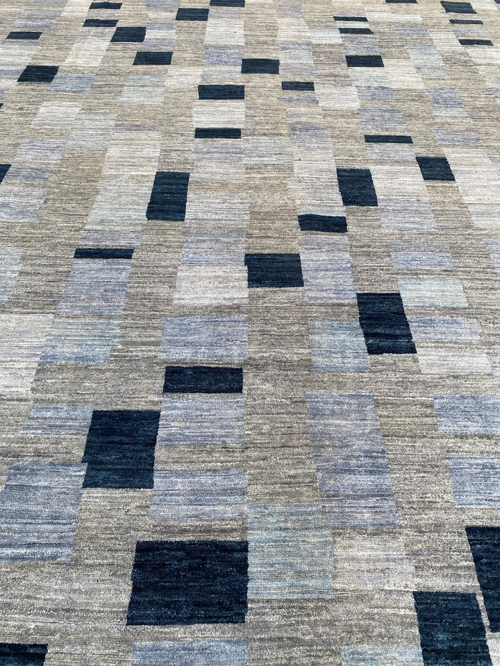 Afghan rugs. Turkish oushak rugs. Interior design rugs. Oriental area rugs. Traditional rugs. Modern rugs. 10X13 BLUE GREY MODERN CHECKERED BOX HAND KNOTTED RUG