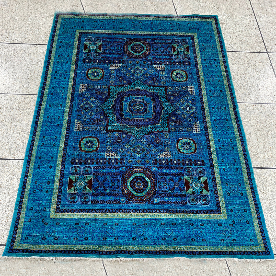 Navy Blue-Turquoise 6x8 Ft Hand Knotted Medallion Rug - Turkish Mamluk Rug - Afghan Rugs - Area Rug For living Room - Bedroom, Office Rug-San Francisco Rugs--San Francisco Rugs