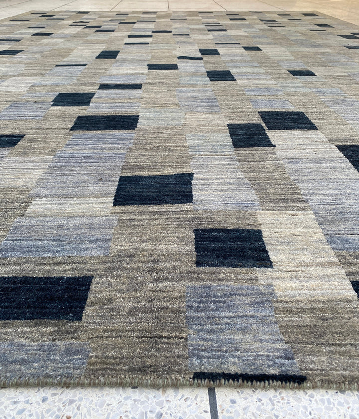 Afghan rugs. Turkish oushak rugs. Interior design rugs. Oriental area rugs. Traditional rugs. Modern rugs. 10X13 BLUE GREY MODERN CHECKERED BOX HAND KNOTTED RUG