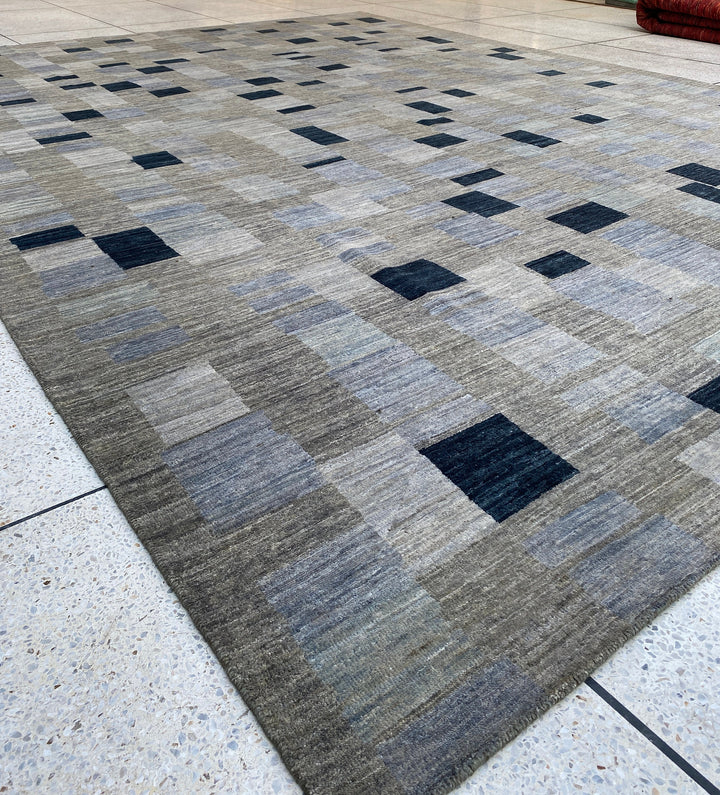 Afghan rugs. Turkish oushak rugs. Interior design rugs. Oriental area rugs. Traditional rugs. Modern rugs. 10X13 BLUE GREY MODERN CHECKERED BOX HAND KNOTTED RUG