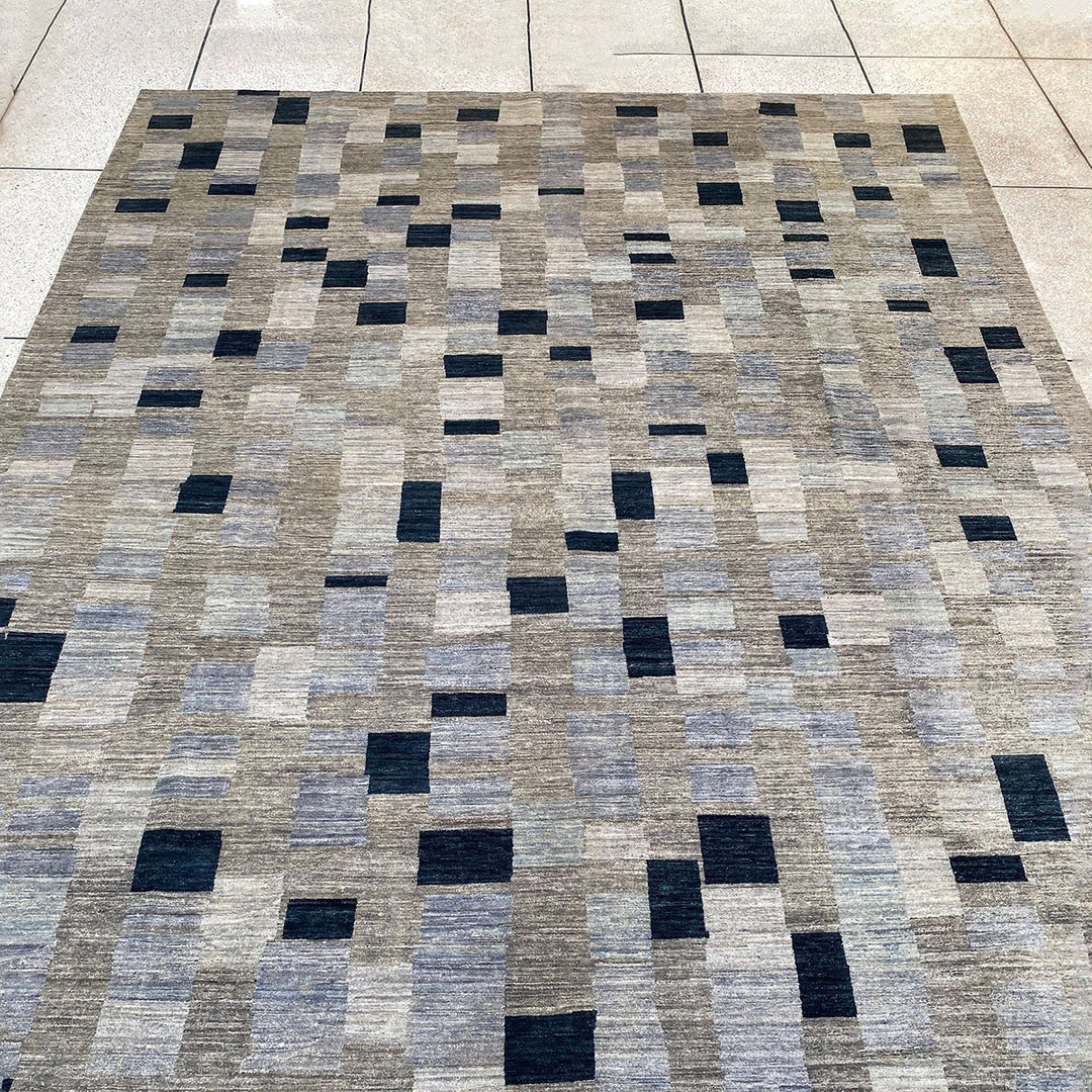 Afghan rugs. Turkish oushak rugs. Interior design rugs. Oriental area rugs. Traditional rugs. Modern rugs. 10X13 BLUE GREY MODERN CHECKERED BOX HAND KNOTTED RUG