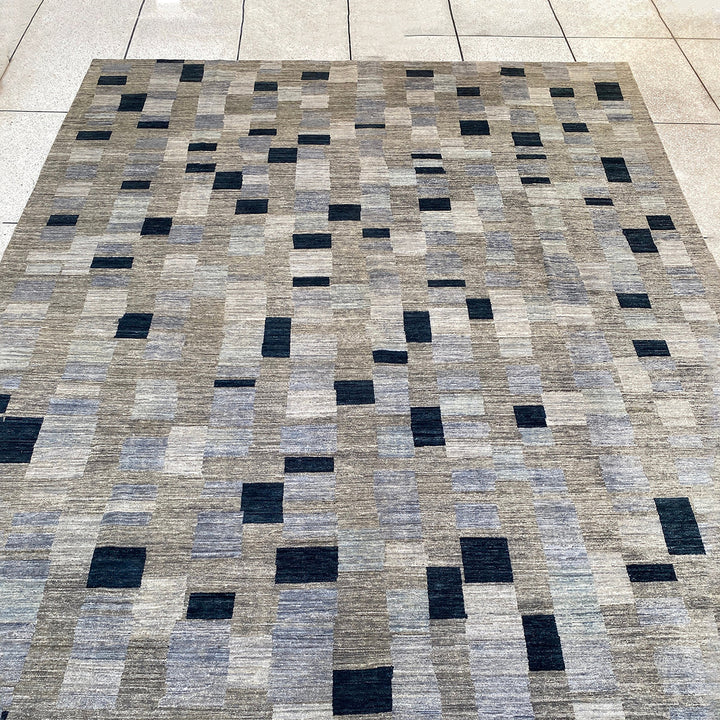 Afghan rugs. Turkish oushak rugs. Interior design rugs. Oriental area rugs. Traditional rugs. Modern rugs. 10X13 BLUE GREY MODERN CHECKERED BOX HAND KNOTTED RUG