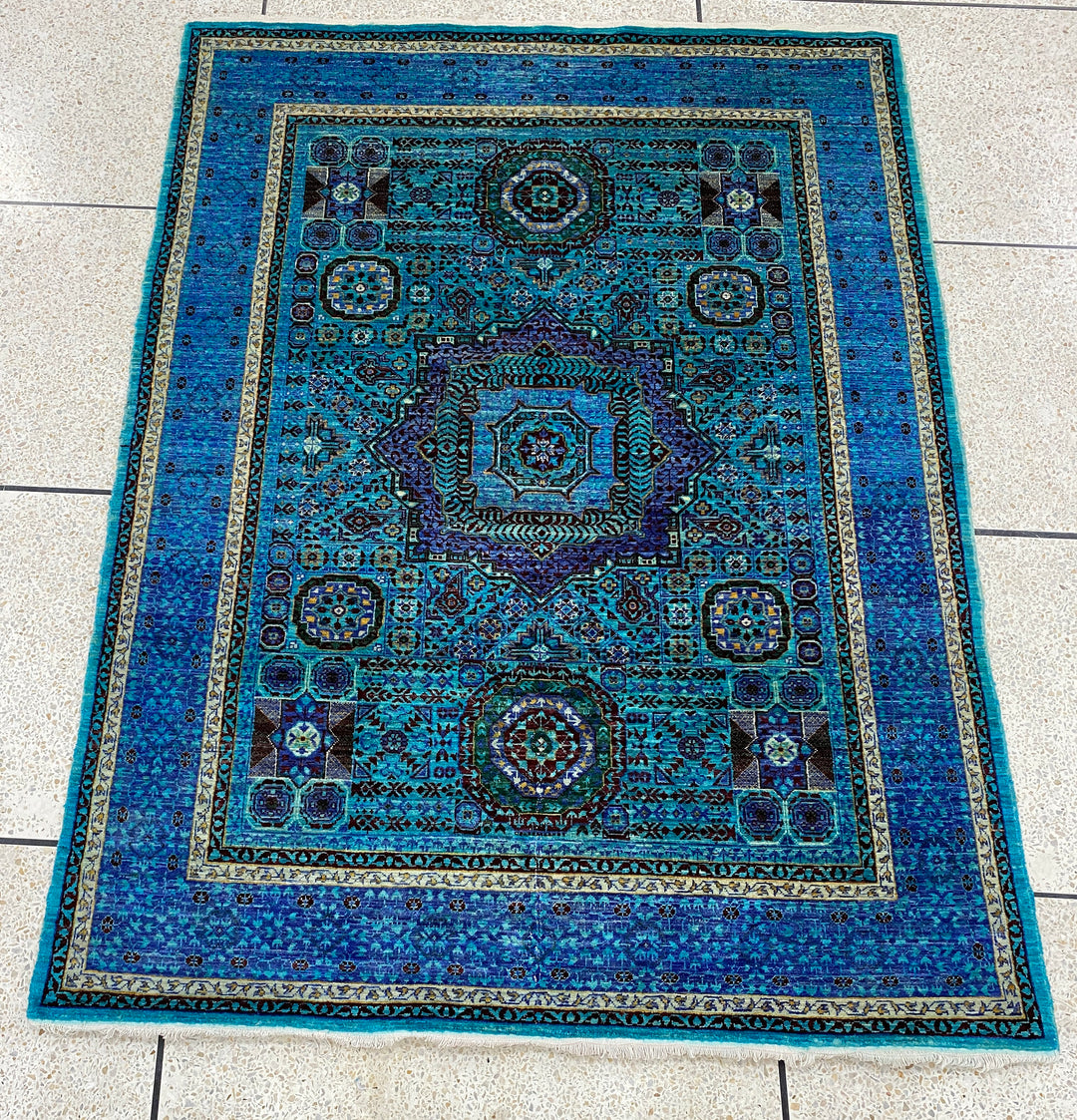 Indigo, Blue 5x7 ft Hand Knotted Turkish Ottoman, Mamluk Rug - Afghan Wool Rug - Area Rug For Bedroom, Dining - Kitchen Rug - Office Rug-San Francisco Rugs--San Francisco Rugs
