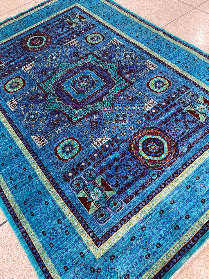 Navy Blue-Turquoise 6x8 Ft Hand Knotted Medallion Rug - Turkish Mamluk Rug - Afghan Rugs - Area Rug For living Room - Bedroom, Office Rug-San Francisco Rugs--San Francisco Rugs