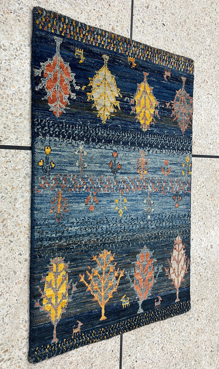 Blue 2x3 Ft Hand Knotted Rug - Landscape Tree Rug - Luri Gabbeh Afghan Rug - Soft Wool Rug - Small BathRoom Rug - Entryway Rug - Kitchen Rug-San Francisco Rugs--San Francisco Rugs