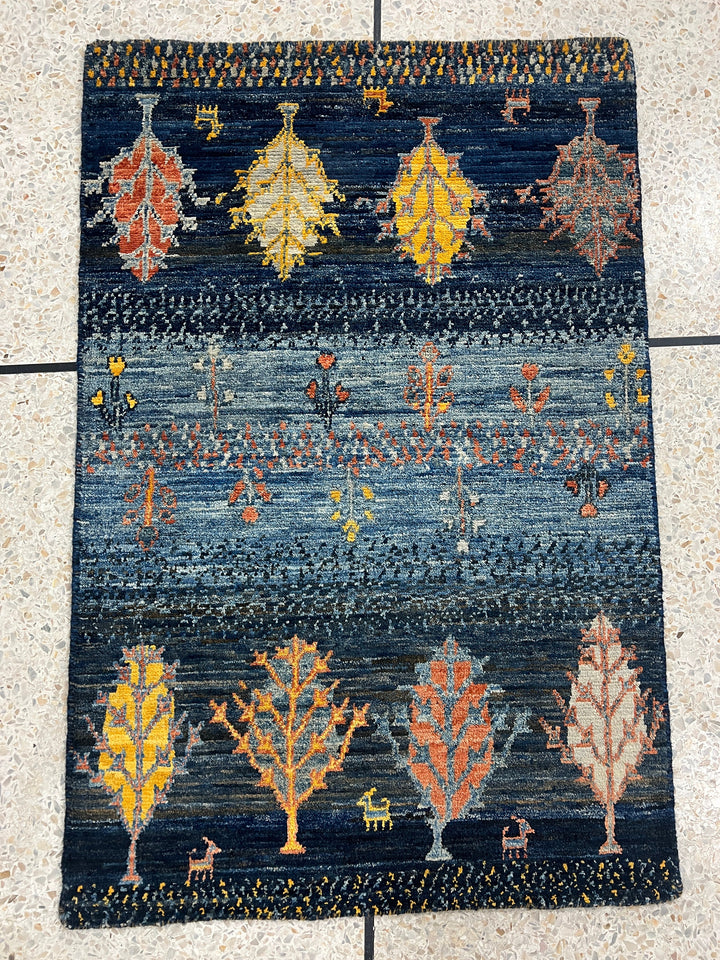 Blue 2x3 Ft Hand Knotted Rug - Landscape Tree Rug - Luri Gabbeh Afghan Rug - Soft Wool Rug - Small BathRoom Rug - Entryway Rug - Kitchen Rug-San Francisco Rugs--San Francisco Rugs