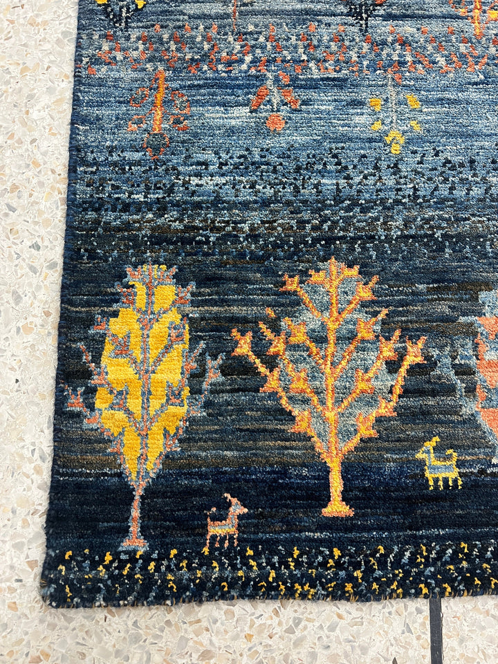 Blue 2x3 Ft Hand Knotted Rug - Landscape Tree Rug - Luri Gabbeh Afghan Rug - Soft Wool Rug - Small BathRoom Rug - Entryway Rug - Kitchen Rug-San Francisco Rugs--San Francisco Rugs