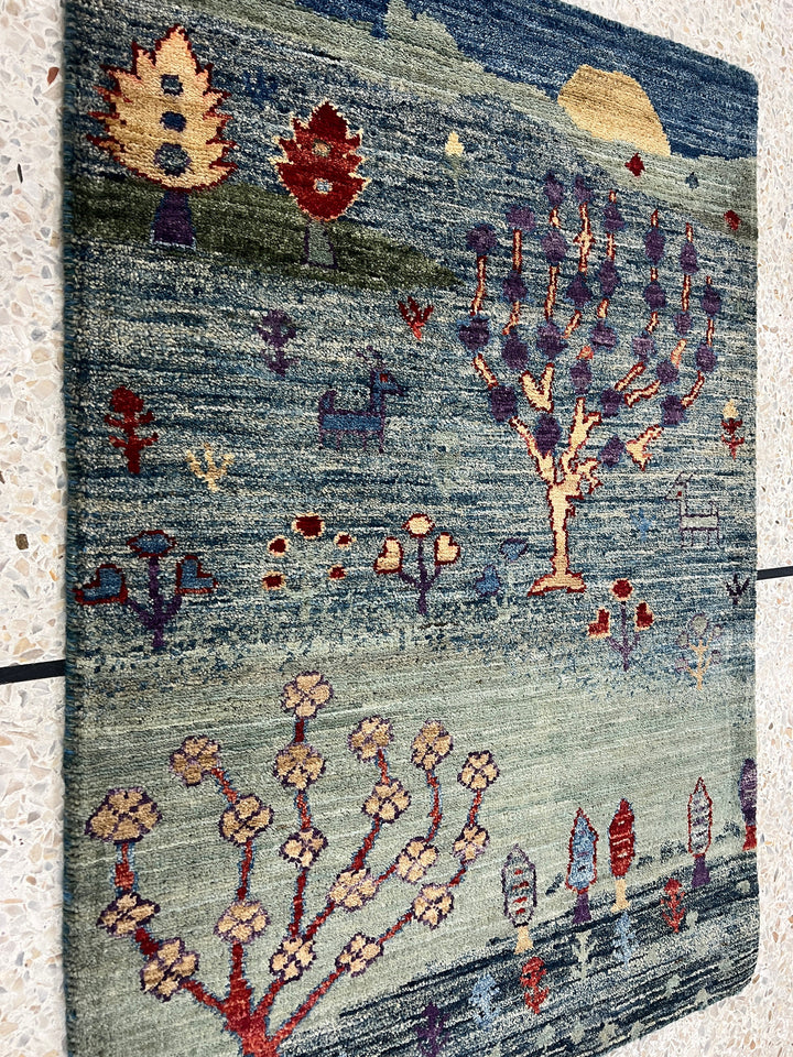 Green 2x3 Ft Hand Knotted Afghan Gabbeh Rug - Landscape Luri Gabbeh - Small Rug For Bathroom, Kitchen - Entryway Rug - Decorative Rugs-San Francisco Rugs--San Francisco Rugs