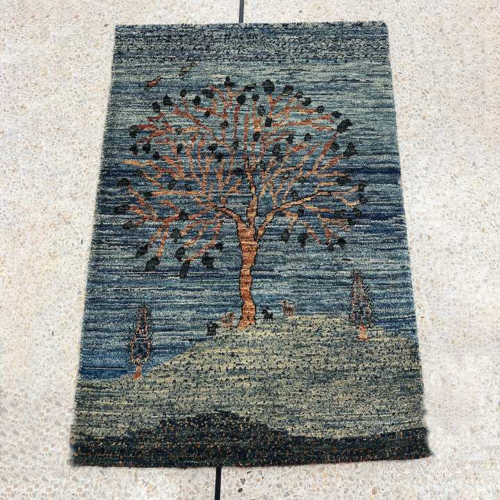 Blue 2x3 Ft Hand Knotted Rug - Fine Quality Tree Rug - Afghan Gabbeh Rug - Entryway Rug - Door Mat Rug - Small Bathroom, Office, Kitchen Rug-San Francisco Rugs--San Francisco Rugs