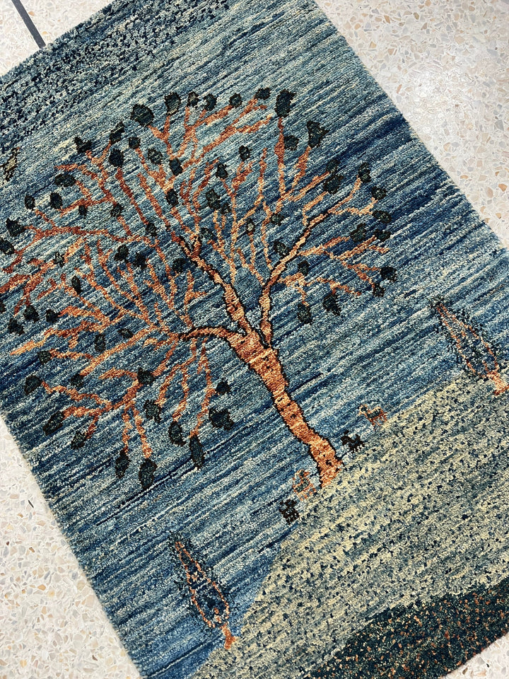 Blue 2x3 Ft Hand Knotted Rug - Fine Quality Tree Rug - Afghan Gabbeh Rug - Entryway Rug - Door Mat Rug - Small Bathroom, Office, Kitchen Rug-San Francisco Rugs--San Francisco Rugs