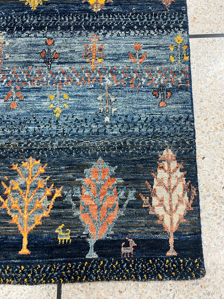 Blue 2x3 Ft Hand Knotted Rug - Landscape Tree Rug - Luri Gabbeh Afghan Rug - Soft Wool Rug - Small BathRoom Rug - Entryway Rug - Kitchen Rug-San Francisco Rugs--San Francisco Rugs