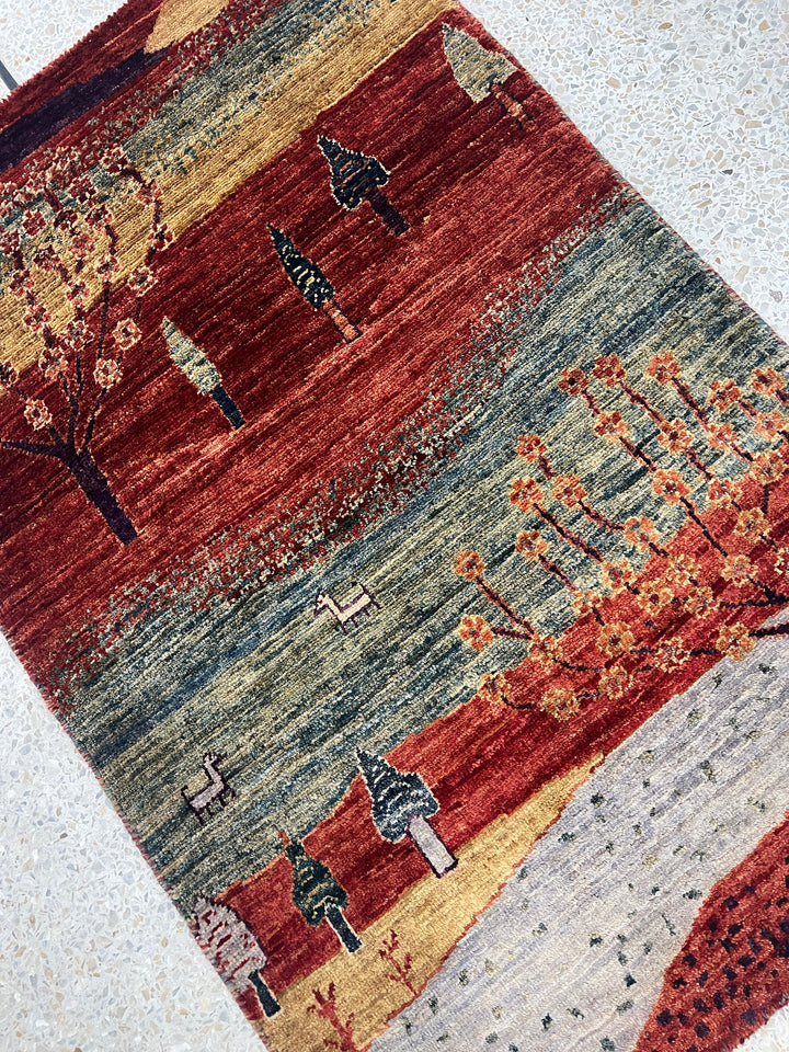 Red 2x3 Ft Hand Knotted Rug - Afghan Luri Gabbeh Rug - Landscape Design Rug - Tree Rug - Small Entryway Rug - Bathroom Rug - Kitchen Rugs-San Francisco Rugs--San Francisco Rugs