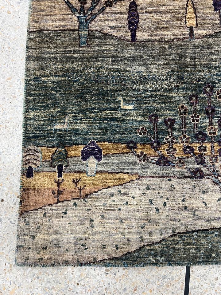 Green 2x3 Ft Hand Knotted Gabbeh Rug - Afghan Luri Gabbeh Rug - Landscape Design Rug - Small Entryway Rug - Door Mat Rug - Small office Rug-San Francisco Rugs--San Francisco Rugs