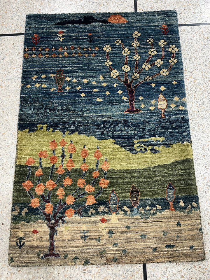 Blue-Green 2x3 Ft Hand Knotted Wool Rug - Afghan Luri gabbeh Rug - Tree Design Rug - Entryway Rug - Small Office, Kitchen Rug - Home Decors-San Francisco Rugs--San Francisco Rugs