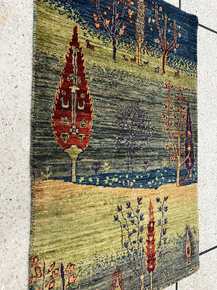 Green 2x3 Ft Hand Knotted Rug - Afghan Luri Gabbeh Rug - Landscape Design Rug - Small Entryway Rug - Bathroom Rug - Soft wool, Office Rug-San Francisco Rugs--San Francisco Rugs