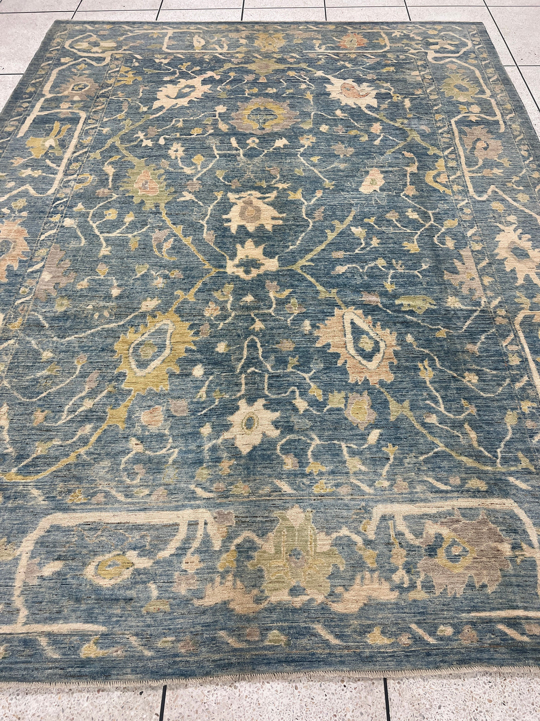 10X14 BLUE HAND KNOTTED FLOWER DESIGN TURKISH OUSHAK RUG-San Francisco Rugs--San Francisco Rugs