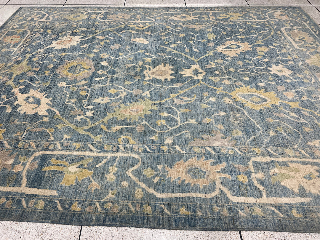 10X14 BLUE HAND KNOTTED FLOWER DESIGN TURKISH OUSHAK RUG-San Francisco Rugs--San Francisco Rugs