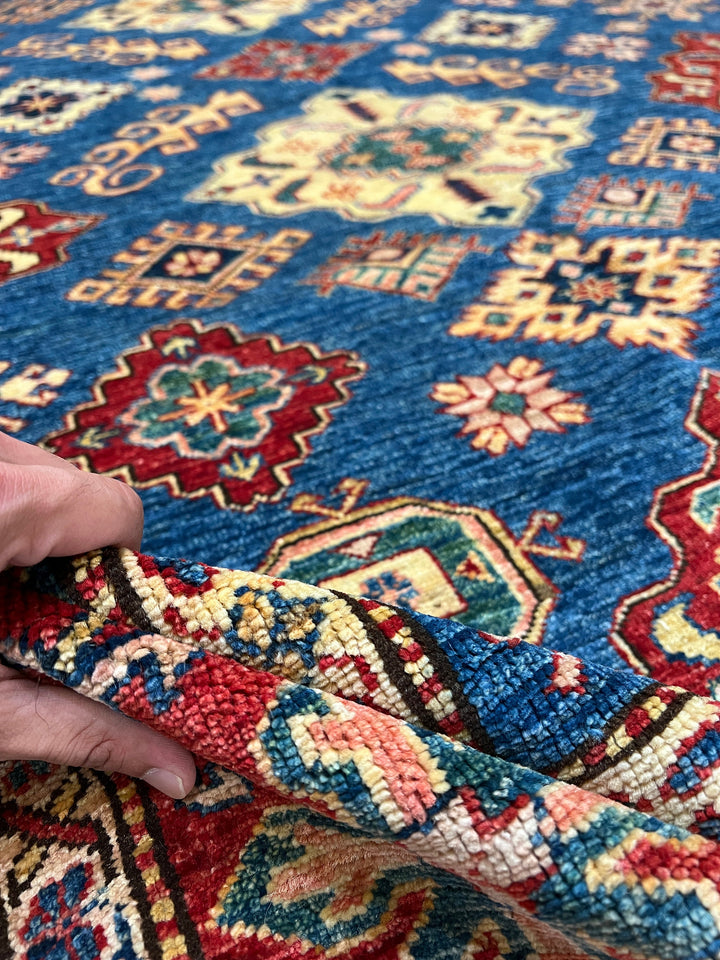 9X12 BLUE RED KAZAK HAND KNOTTED AFGHAN RUG-San Francisco Rugs--San Francisco Rugs