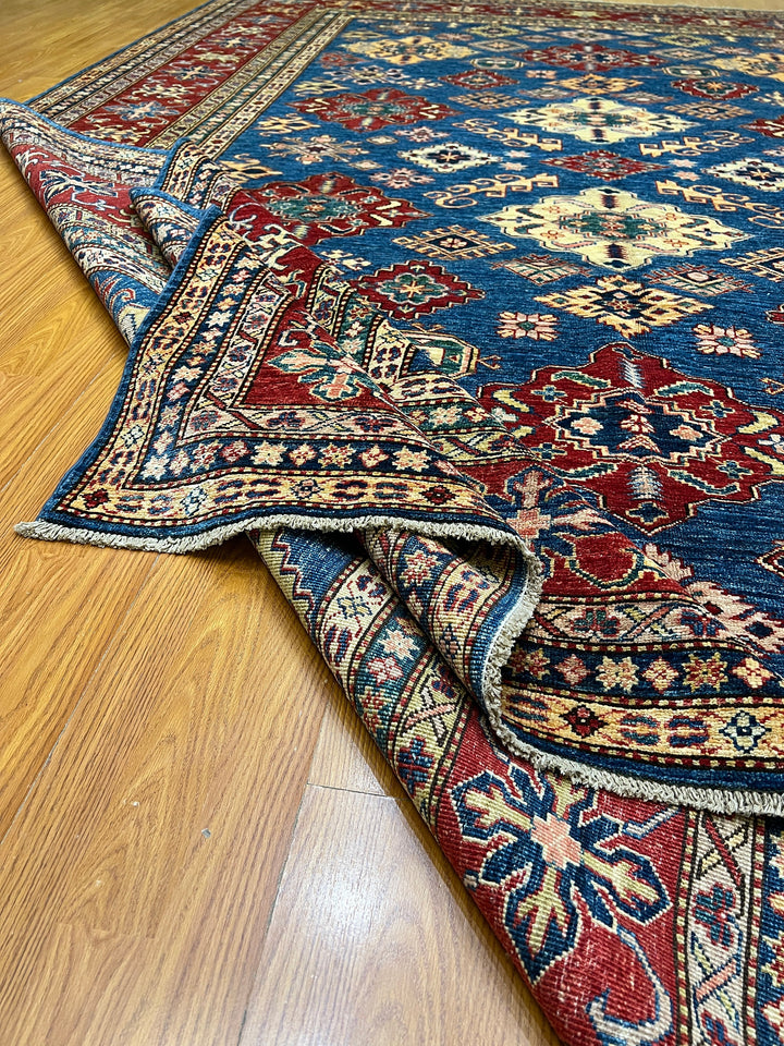 9X12 BLUE RED KAZAK HAND KNOTTED AFGHAN RUG-San Francisco Rugs--San Francisco Rugs