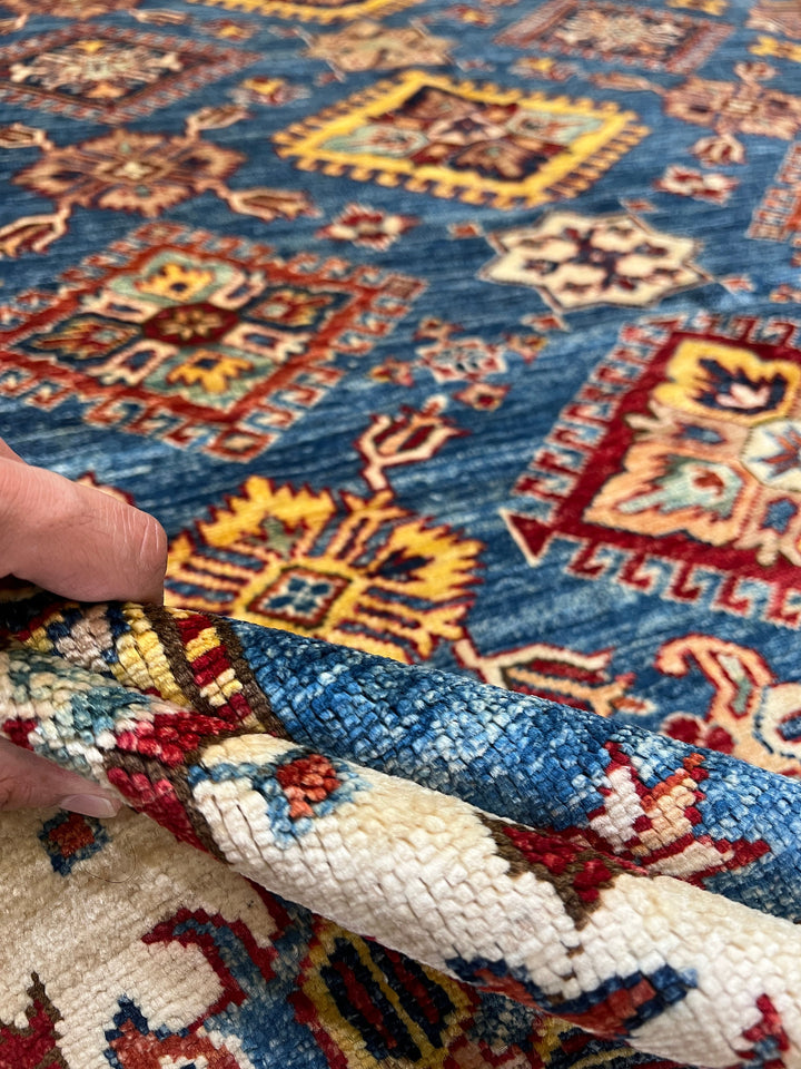 9X12 BLUE GEOMETRIC DESIGN KAZAK RUG-San Francisco Rugs--San Francisco Rugs