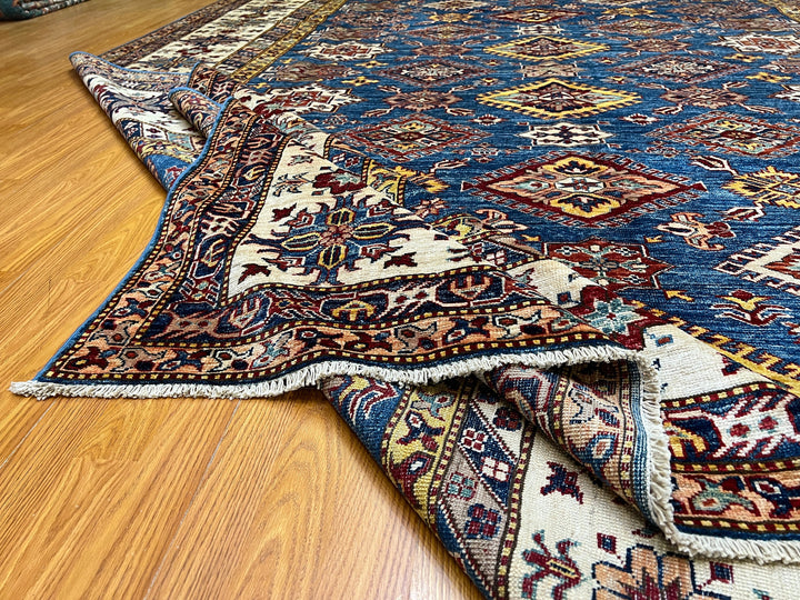 9X12 BLUE GEOMETRIC DESIGN KAZAK RUG-San Francisco Rugs--San Francisco Rugs