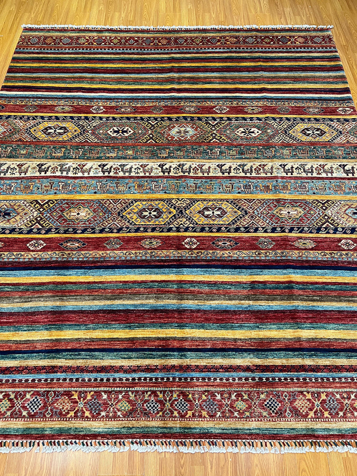 Unique 8x10 Ft Hand Knotted Wool Rug - Afghan Khorjin Rug - Striped Abstract Rug - Multicolor Rug For Office - Living Room Rug - Bedroom Rug-San Francisco Rugs--San Francisco Rugs