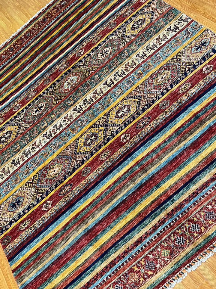 Unique 8x10 Ft Hand Knotted Wool Rug - Afghan Khorjin Rug - Striped Abstract Rug - Multicolor Rug For Office - Living Room Rug - Bedroom Rug-San Francisco Rugs--San Francisco Rugs