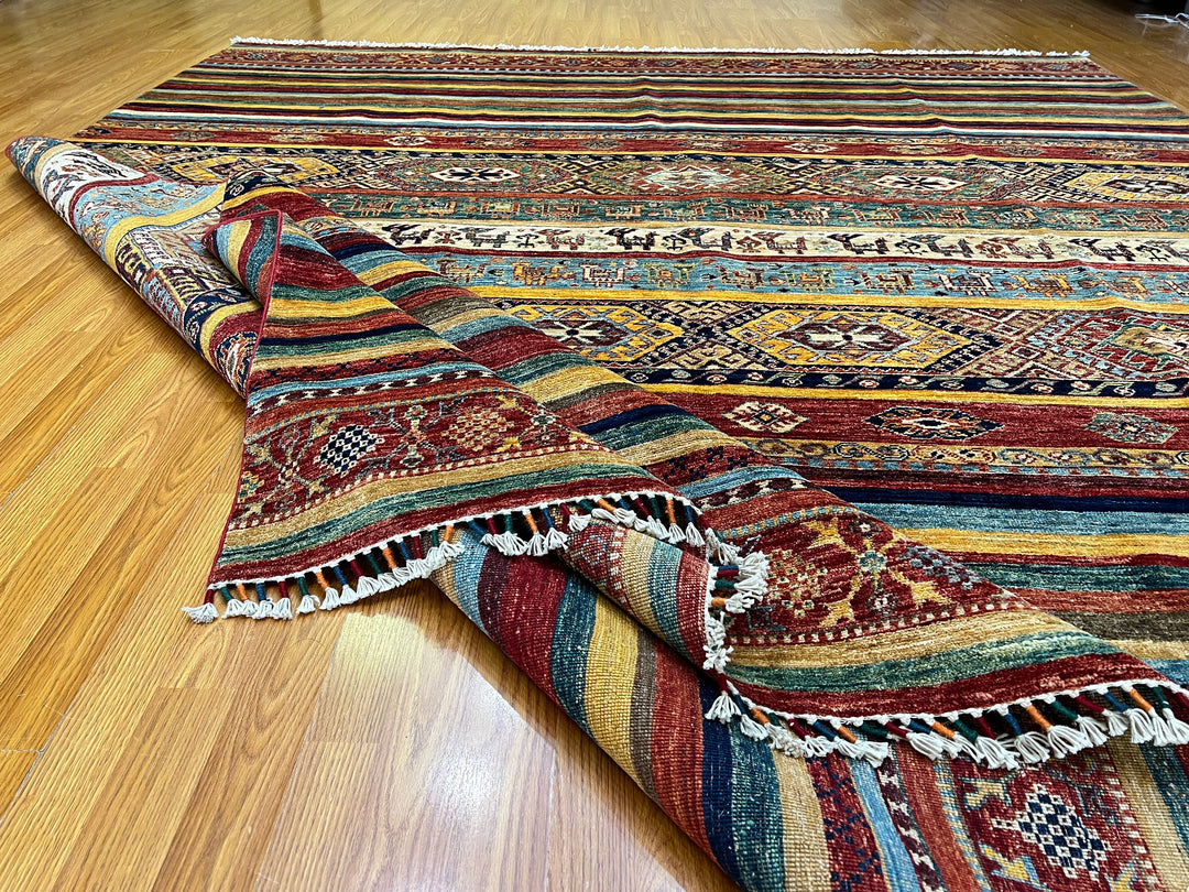 Unique 8x10 Ft Hand Knotted Wool Rug - Afghan Khorjin Rug - Striped Abstract Rug - Multicolor Rug For Office - Living Room Rug - Bedroom Rug-San Francisco Rugs--San Francisco Rugs