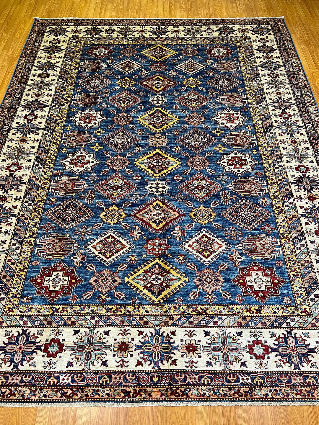 9X12 BLUE GEOMETRIC DESIGN KAZAK RUG-San Francisco Rugs--San Francisco Rugs