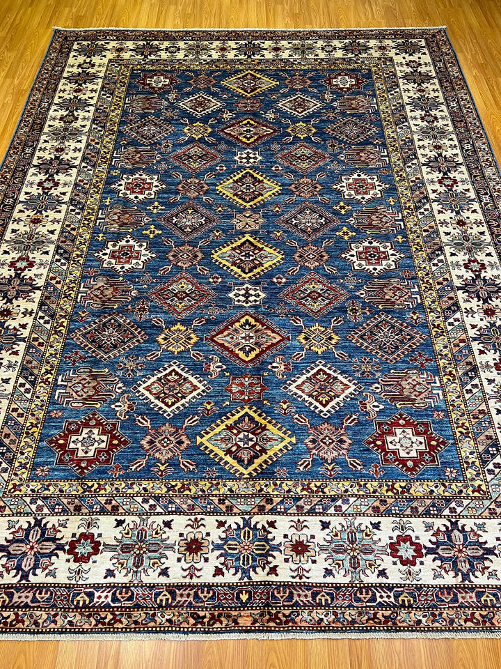 9X12 BLUE GEOMETRIC DESIGN KAZAK RUG-San Francisco Rugs--San Francisco Rugs