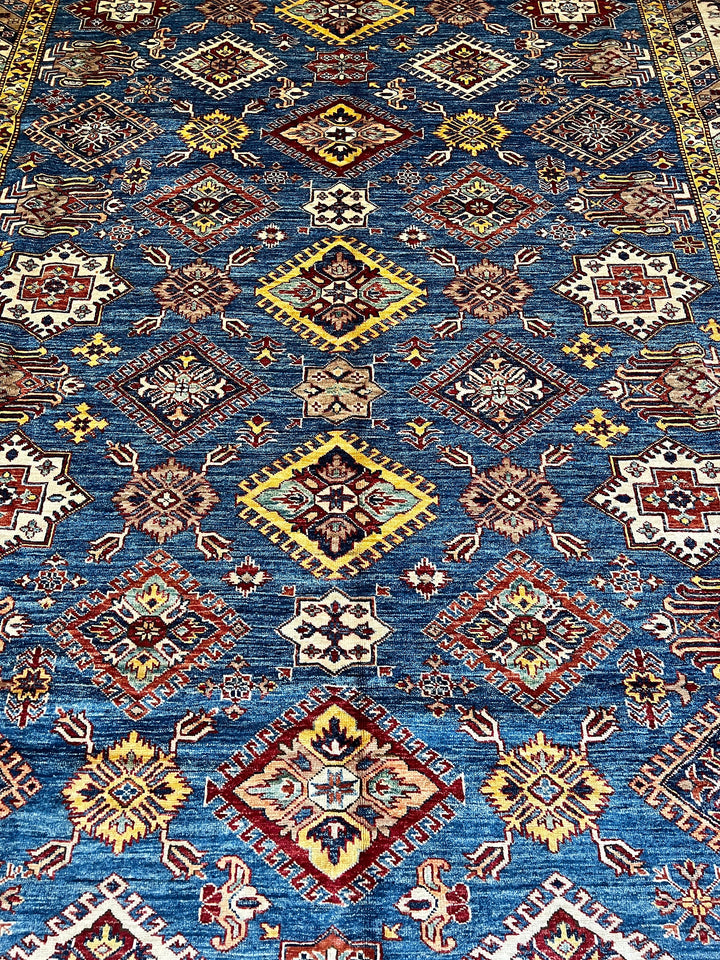 9X12 BLUE GEOMETRIC DESIGN KAZAK RUG-San Francisco Rugs--San Francisco Rugs