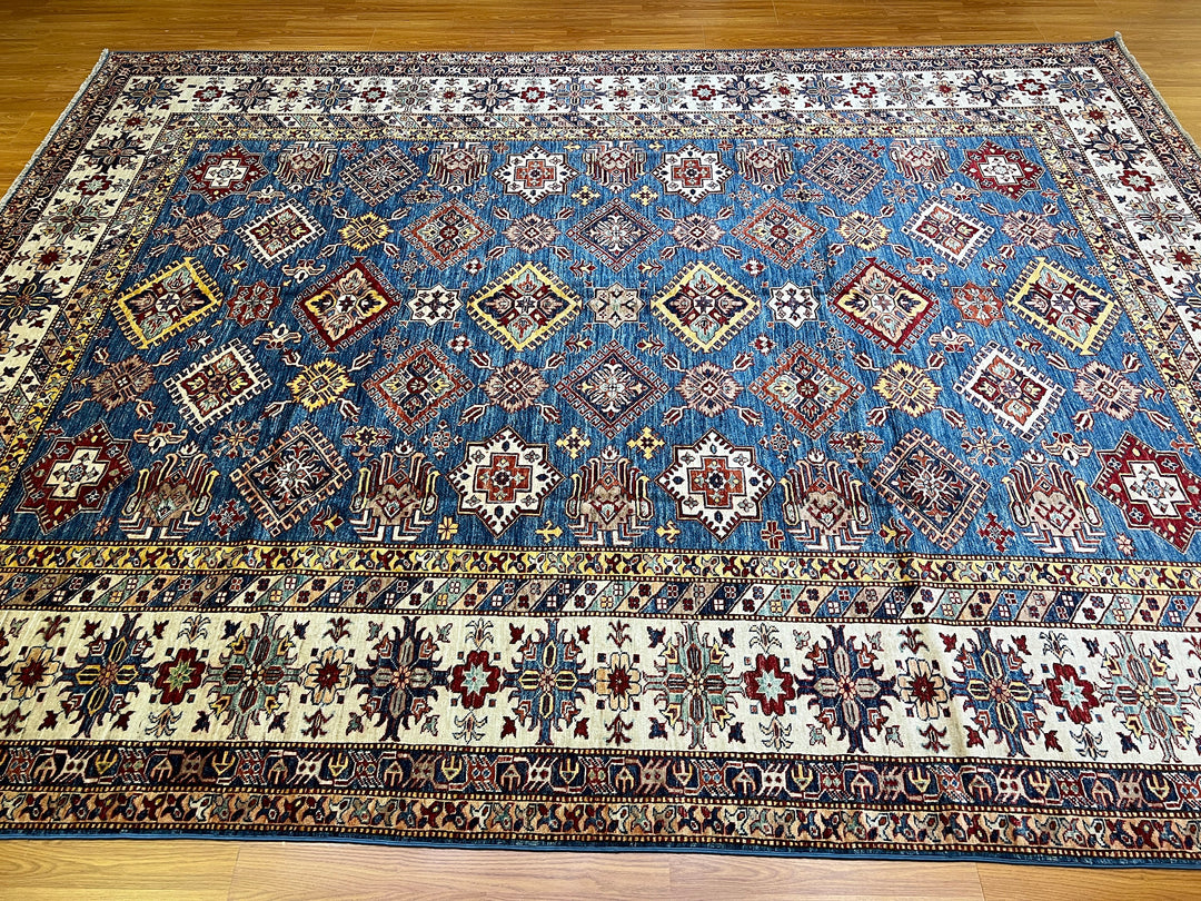 9X12 BLUE GEOMETRIC DESIGN KAZAK RUG-San Francisco Rugs--San Francisco Rugs