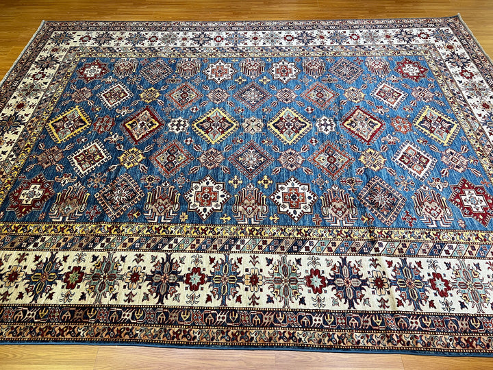 9X12 BLUE GEOMETRIC DESIGN KAZAK RUG-San Francisco Rugs--San Francisco Rugs