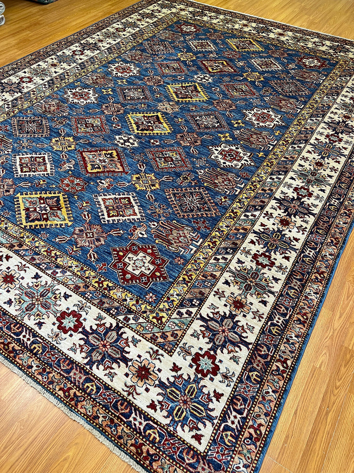 9X12 BLUE GEOMETRIC DESIGN KAZAK RUG-San Francisco Rugs--San Francisco Rugs