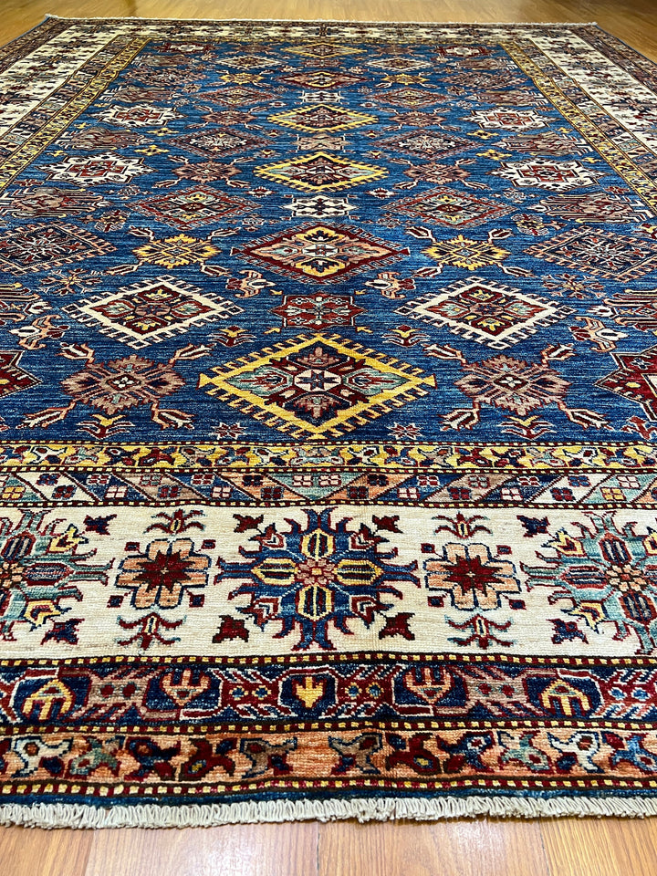 9X12 BLUE GEOMETRIC DESIGN KAZAK RUG-San Francisco Rugs--San Francisco Rugs