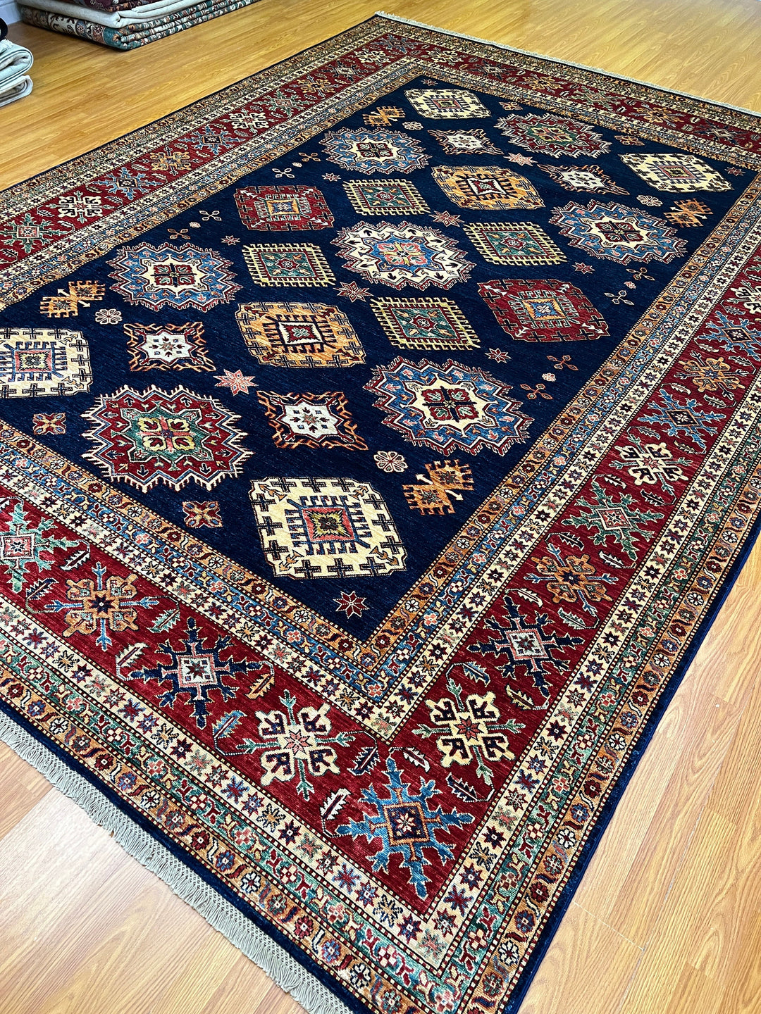 9X12 NAVY BLUE KAZAK PERSIAN DESIGN HAND KNOTTED RUG-San Francisco Rugs--San Francisco Rugs