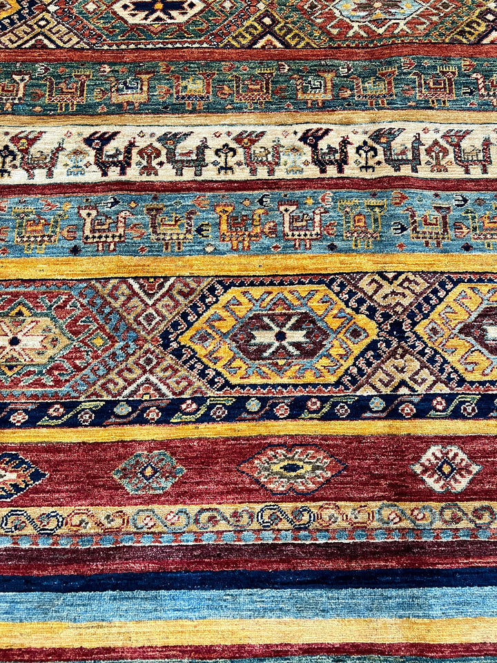 Unique 8x10 Ft Hand Knotted Wool Rug - Afghan Khorjin Rug - Striped Abstract Rug - Multicolor Rug For Office - Living Room Rug - Bedroom Rug-San Francisco Rugs--San Francisco Rugs
