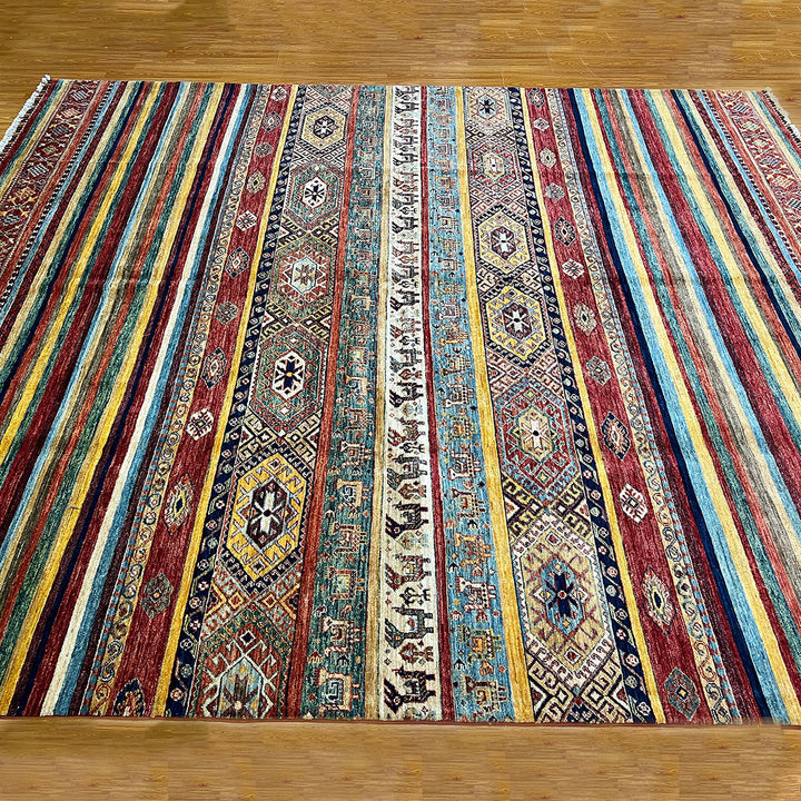 Unique 8x10 Ft Hand Knotted Wool Rug - Afghan Khorjin Rug - Striped Abstract Rug - Multicolor Rug For Office - Living Room Rug - Bedroom Rug-San Francisco Rugs--San Francisco Rugs