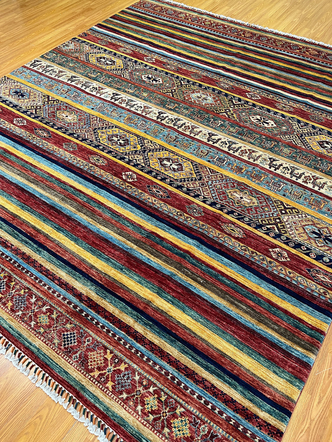 Unique 8x10 Ft Hand Knotted Wool Rug - Afghan Khorjin Rug - Striped Abstract Rug - Multicolor Rug For Office - Living Room Rug - Bedroom Rug-San Francisco Rugs--San Francisco Rugs