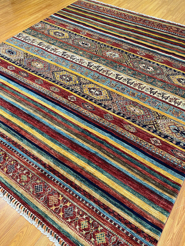 Unique 8x10 Ft Hand Knotted Wool Rug - Afghan Khorjin Rug - Striped Abstract Rug - Multicolor Rug For Office - Living Room Rug - Bedroom Rug-San Francisco Rugs--San Francisco Rugs