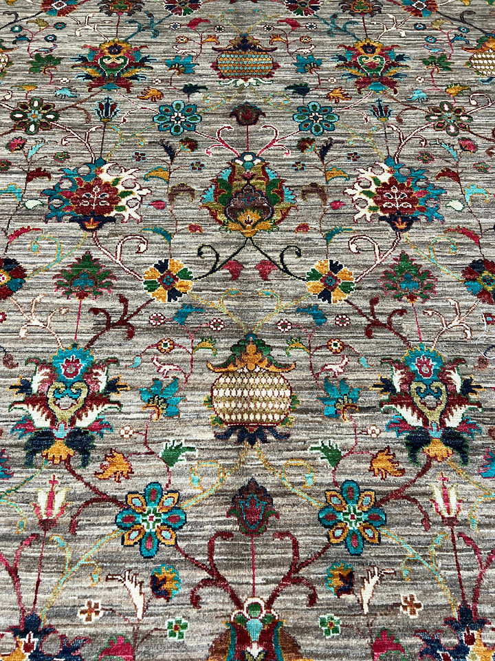 10x14 GREY FLORAL DESIGN AFGHAN HAND KNOTTED RUG-San Francisco Rugs--San Francisco Rugs