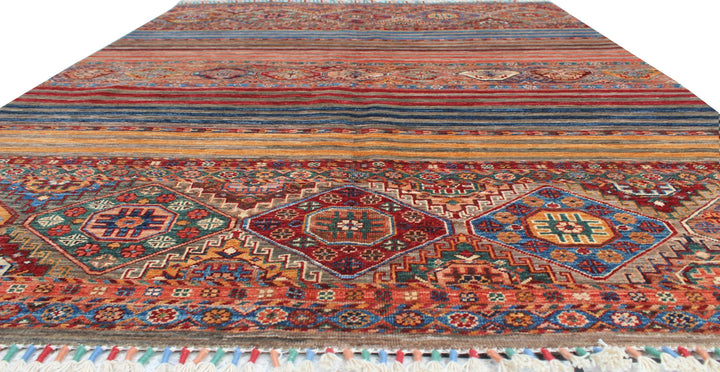 Multicolor 5x7 Ft Afghan Rug - Hand Knotted Wool Rug - Striped Motif Design Rug - Small Bedroom Rug - Living Room Rug - Office Rug-San Francisco Rugs--San Francisco Rugs