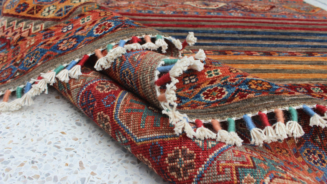 Multicolor 5x7 Ft Afghan Rug - Hand Knotted Wool Rug - Striped Motif Design Rug - Small Bedroom Rug - Living Room Rug - Office Rug-San Francisco Rugs--San Francisco Rugs