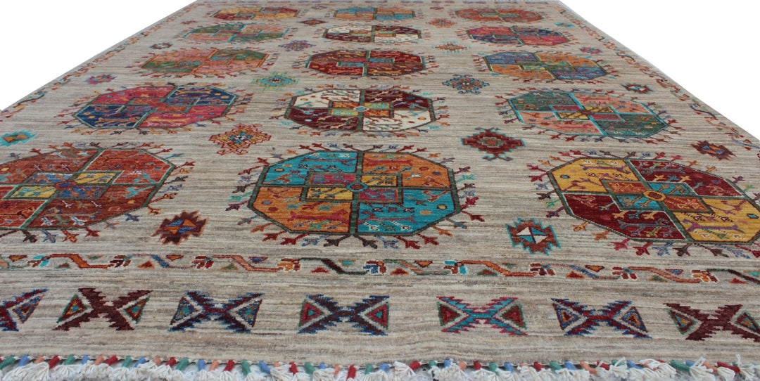 Gray 5'8x8'4 Ft Hand Knotted Wool Rug - Geometric Design Rug - Turkmen Ersari Rug - 6x8 Living Room Rug - Office Rug - Home Decor Rugs-San Francisco Rugs--San Francisco Rugs