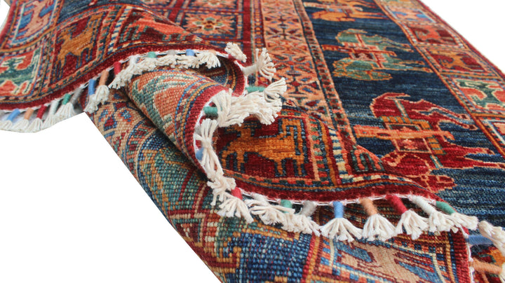 Tribal 4x6Ft Hand Knotted Pazyryk Rug - Red Blue Rug - Horse Design Rug - 4x6 Entryway Rug - Small Kitchen Rug - Office Rug - Home Decor Rug-San Francisco Rugs--San Francisco Rugs