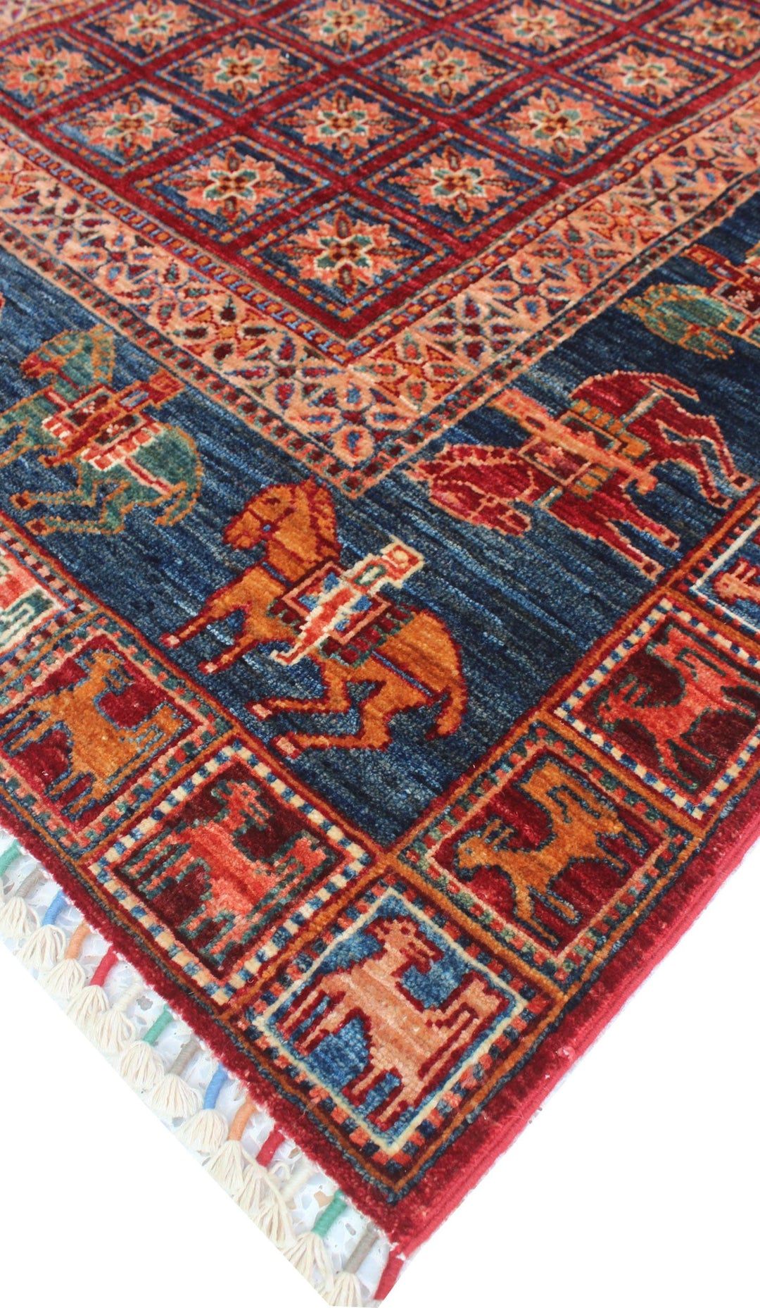 Tribal 4x6Ft Hand Knotted Pazyryk Rug - Red Blue Rug - Horse Design Rug - 4x6 Entryway Rug - Small Kitchen Rug - Office Rug - Home Decor Rug-San Francisco Rugs--San Francisco Rugs